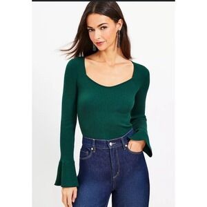 Loft‎ Ribbed Green Bell Sleeve Sweater Size Large